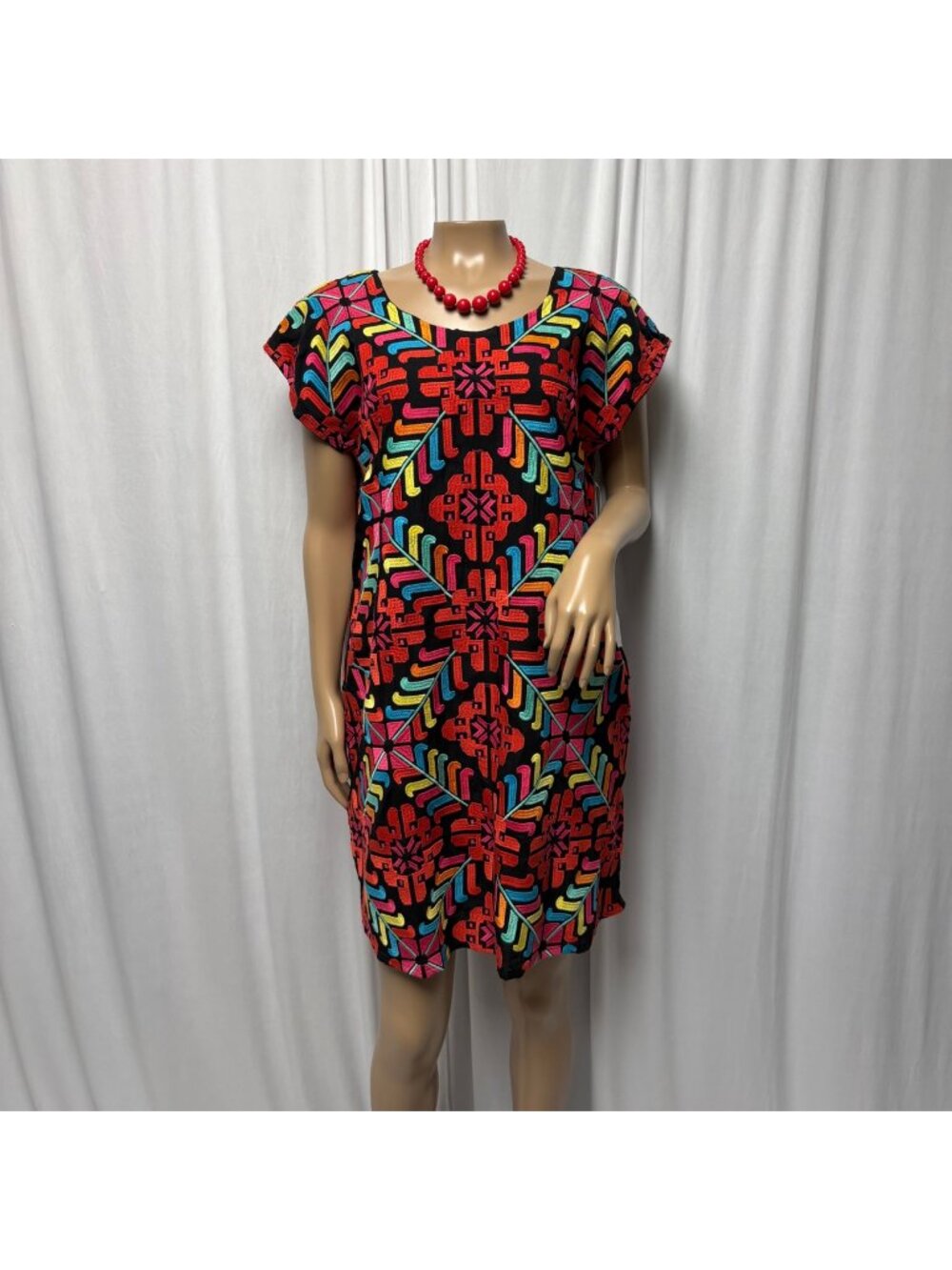 J Marie Black Multicolor Embroidered Shift Dress Womens Medium Boho Artisan NEW